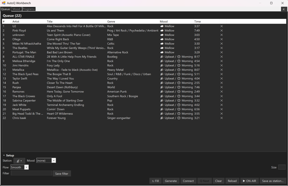 The AutoQ Workbench floating over MusicBee — mood channel faders, the valence-arousal plot and the station list