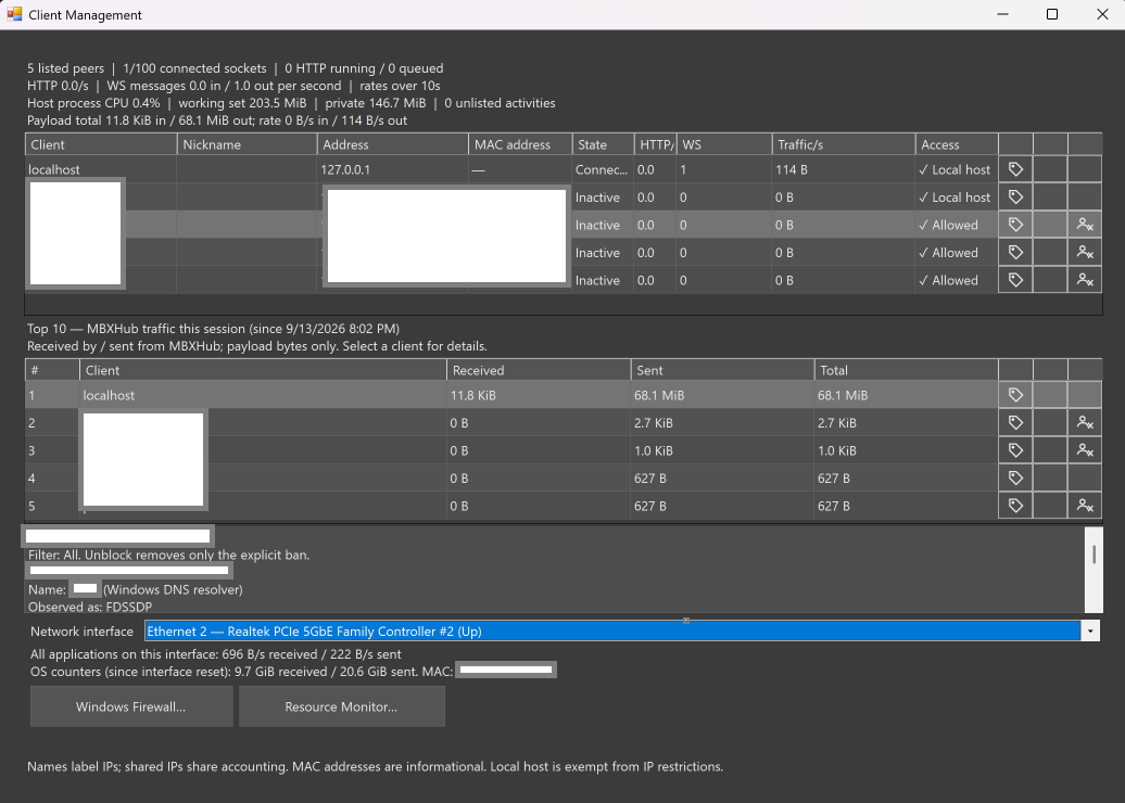 v0.5.5.1 Client Management - connected clients with nickname, address, state, traffic and access, the session's top-10 traffic, and the network interface counters