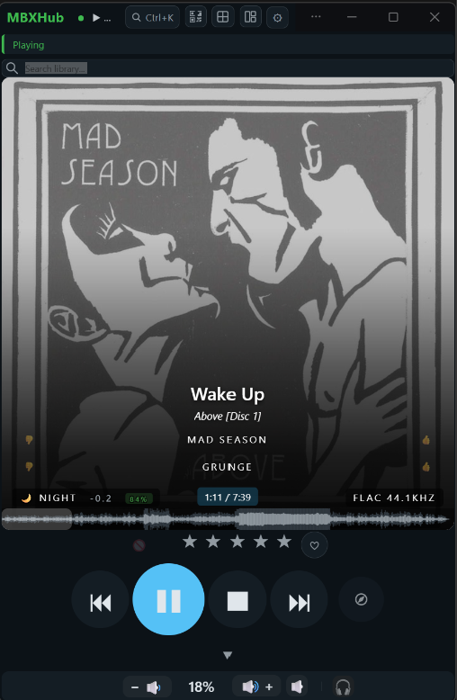 Dashboard v0.5.5.1 - the installed app carries its own MBXHub title bar, and the volume row gains the Listen Here headphones button; shown at minimal size with most charms hidden