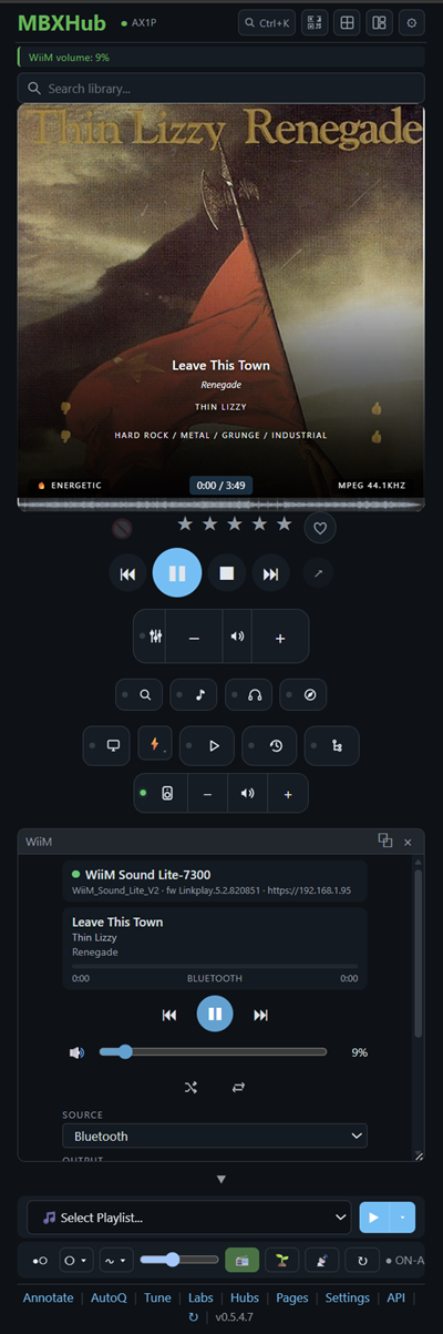 Dashboard v0.5.4.7 with the WiiM device charm open
