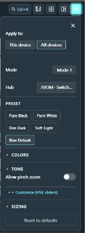 The theme drawer on the dashboard - Apply to this device or all devices, the mode, the hub, five presets from Pure Black to Blue Default, and sections for colors, tone, pinch zoom, HSL sliders and sizing, with Reset to defaults at the bottom