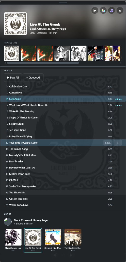 The Explore page on an album - artwork, title, artist, year, track count and length, a strip of the album's images, the track list with Play All and Queue All and the playing track marked, and the artist's other albums in the library along the bottom