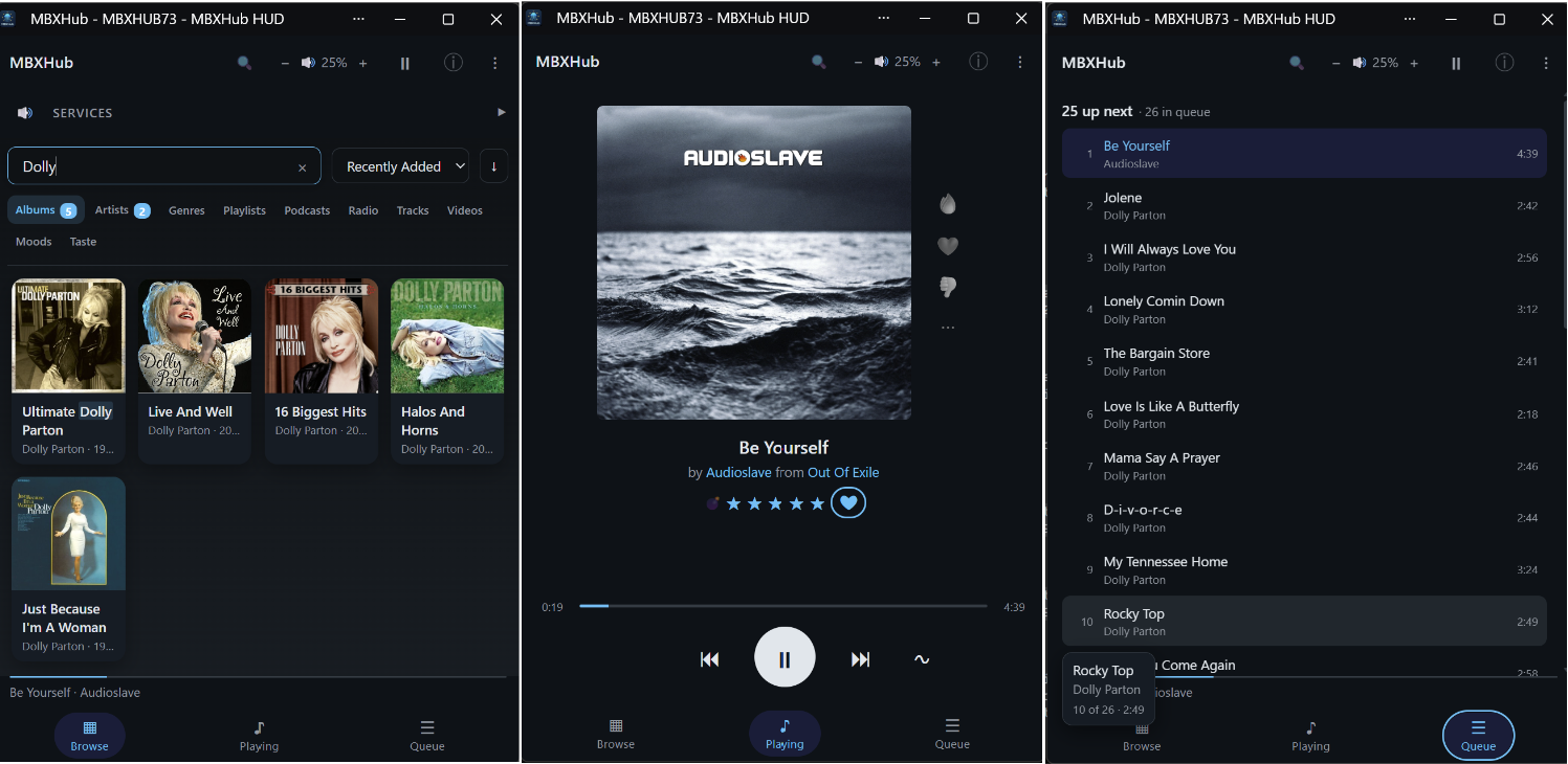 The MBXHub HUD overlay as its own desktop window, shown in its three views: browse, playing and queue
