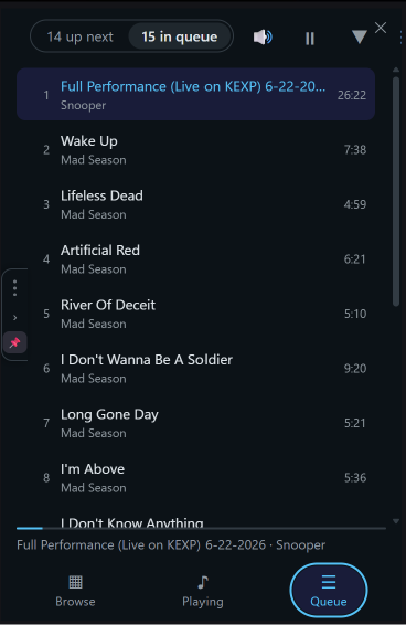 The OVERLAY - HUD Queue view: up next and in-queue counts, the upcoming tracks with durations and the current one highlighted, and the Browse, Playing and Queue tab bar