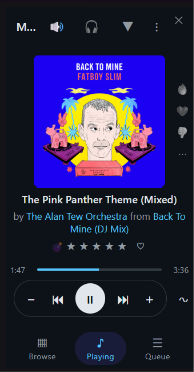 The MBXHub OVERLAY - HUD, Playing tab - volume down and up, the size chevron and menu, album art with the reaction rail beside it, title with artist and album links, star rating and love, scrubber, transport, and the Search / Playing / Queue tab bar