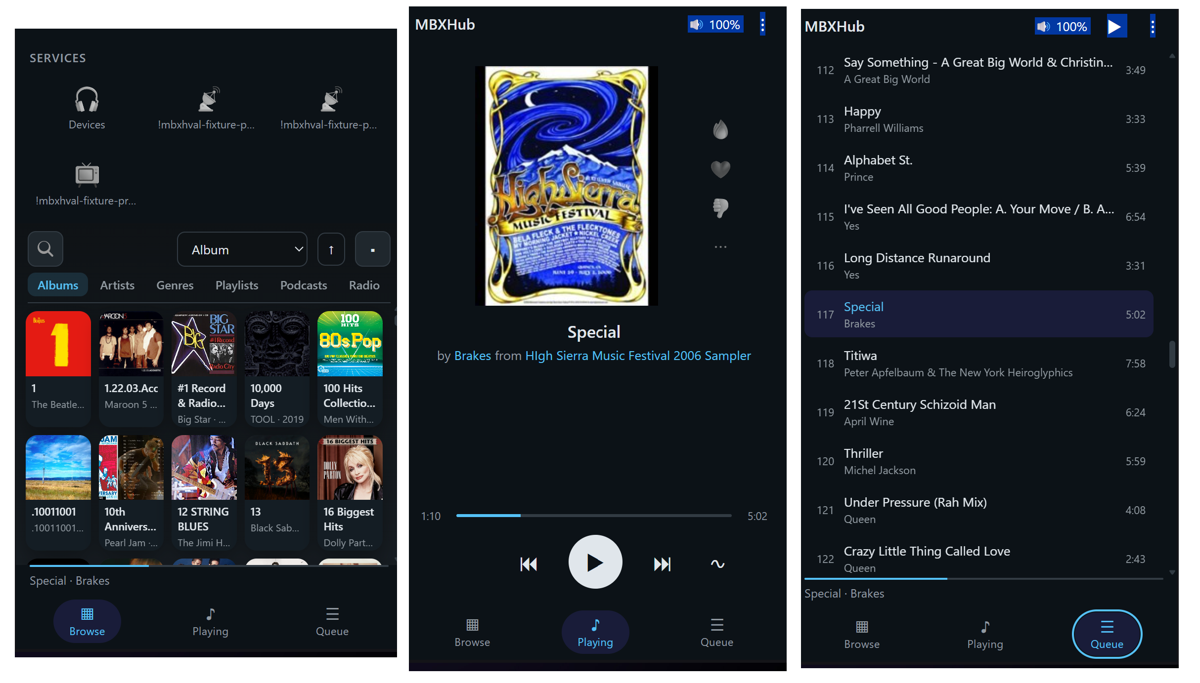 The MBXHub OVERLAY - HUD, three tabs side by side at overlay width: Playing (artwork, title, reaction rail, scrubber and transport), Browse (Services row, search, A-Z scrubber and an album grid), and Queue (six upcoming tracks with the current one highlighted)
