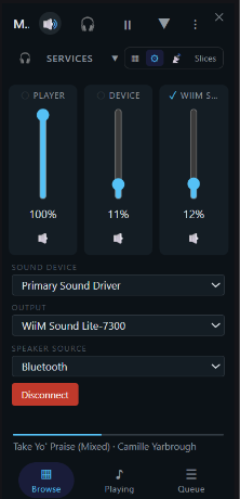 The Mixer in the HUD — a fader each for the player, the device and the selected speaker, with the sound device, the output and the speaker source in dropdowns below them
