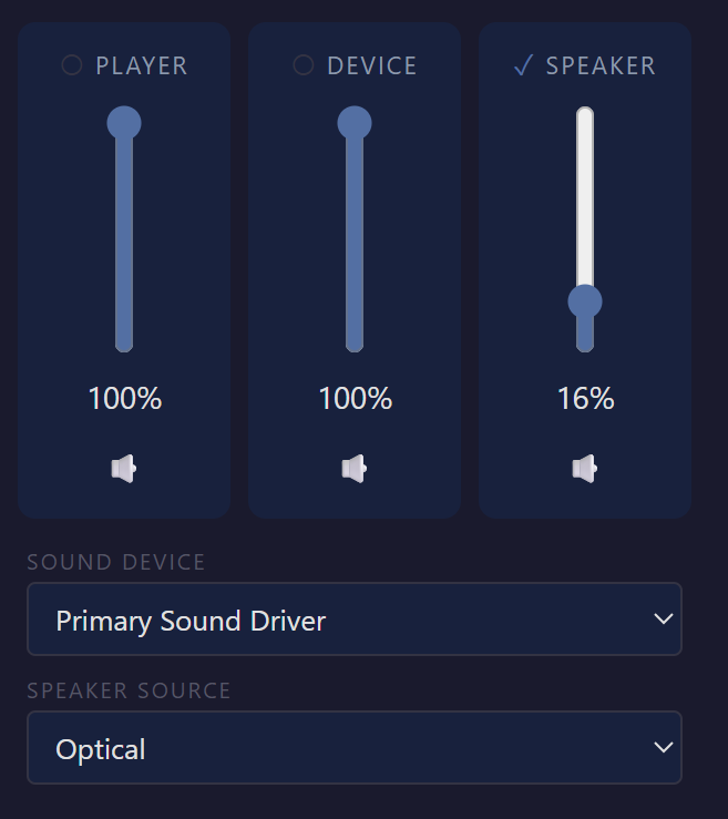The mixer charm expanded — per-application volume faders with mute, the default device, and its own level