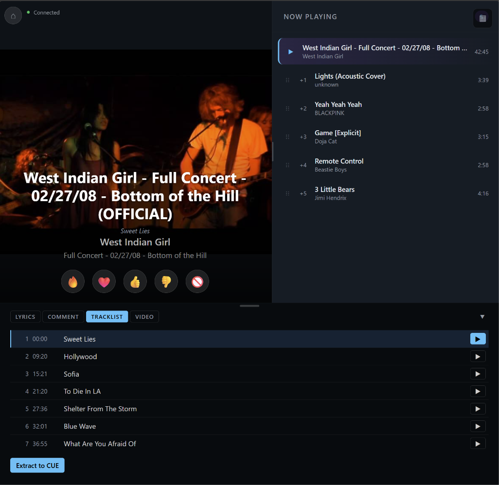 Tracklist tab on nowplaying.html — parsed setlist rendered as numbered seek rows, with Extract to CUE button