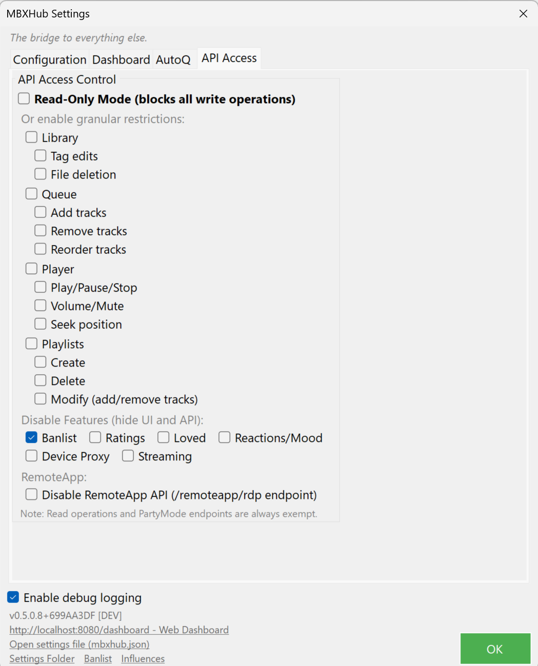 v0.5.0.8 API settings