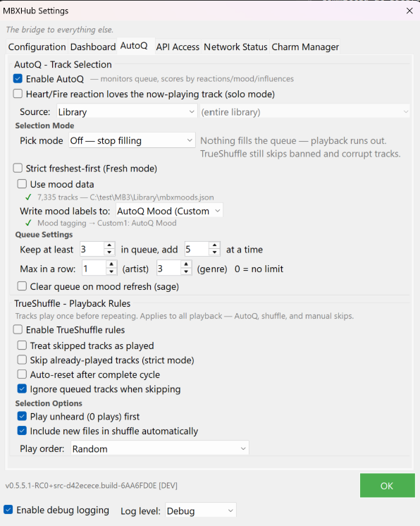 MBXHub Settings, AutoQ tab: track selection, pick mode, mood data source, queue settings, and the TrueShuffle playback rules