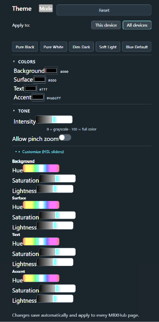 The Theme charm with Customize open - hue, saturation and lightness sliders for each of background, surface, text and accent