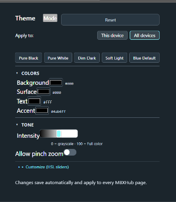 The Theme charm - Apply to this device or all devices, five presets, the four colors with their hex values, an intensity slider, and the pinch zoom switch, with the HSL sliders folded away