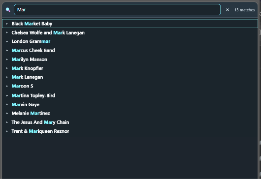 The Tree page filtered - typing three letters narrows the list to the thirteen artists containing them, with the match highlighted in each name and the count shown beside the filter box