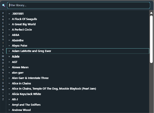 The Tree page - the library as an expandable list of artists, with a filter box across the top and an A to Z strip down the left edge