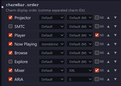 charmBar.order settings — per-charm size, display mode, and NR row-break controls