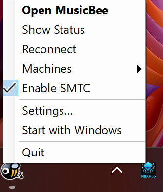MBXHub Shell system tray menu — Machines submenu with per-peer Dashboard / Player / Identify
