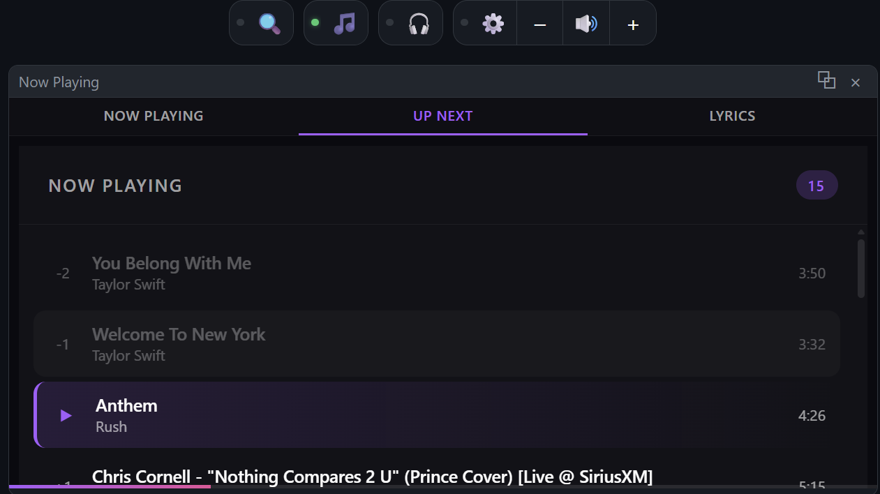 Now Playing Charm - Up Next Queue