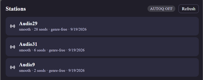 The Stations page - three saved AutoQ stations, each row with its name, flow, seed count, genre-free flag and the date it was made, with the AutoQ state and a Refresh button in the header